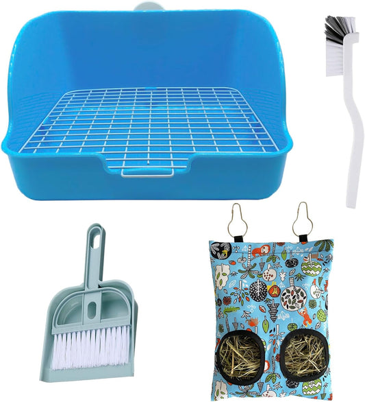 Rabbit Litter Box with Hay Bag, 4-in-1 Rabbit Potty Toilet Feeding Cleaning Set for Dwarf Bunny Guinea Pig Chinchilla (Blue)