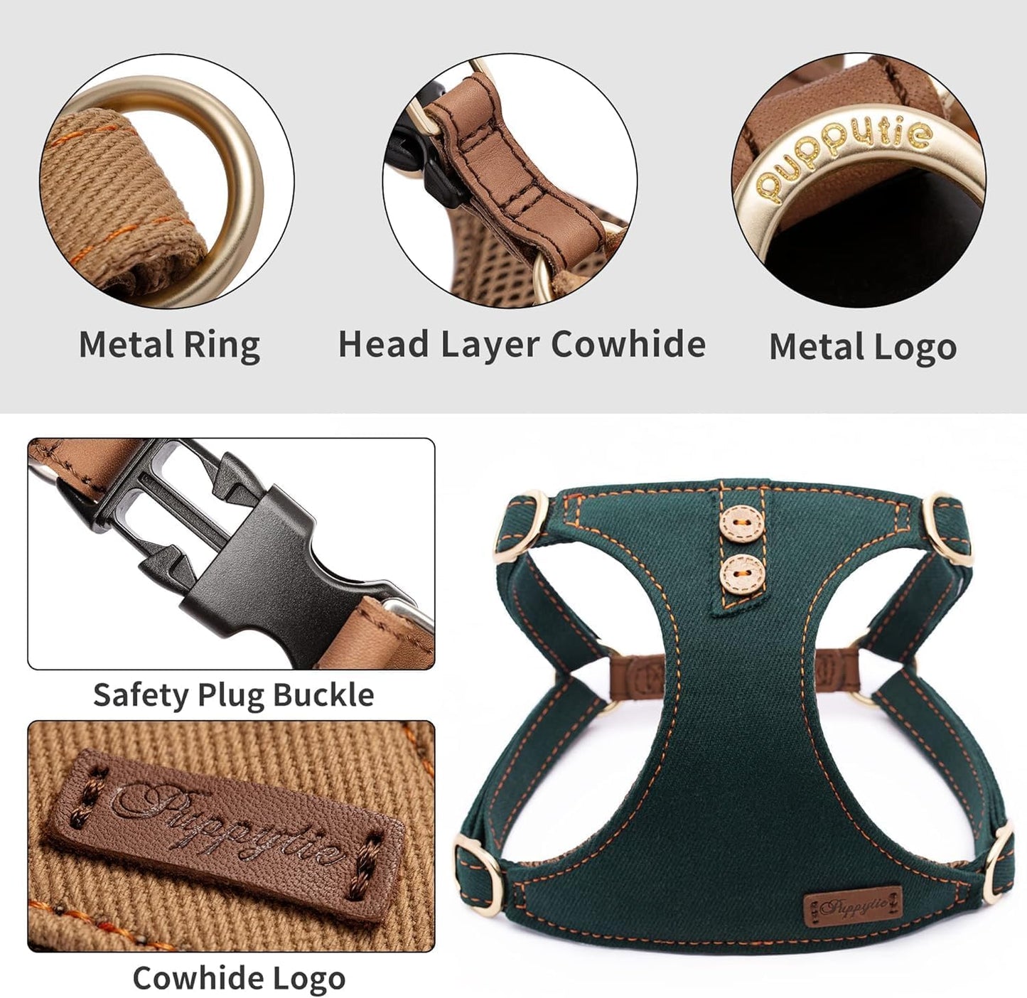 Dog Harness, No Pull Dogs Harness and Multi-Function Leash Set for Medium Dogs Easy Walk Everyday Adjustable Soft Dog Vest Harness Fashionable Dog Accessories Denim Vintage Green-Button-L