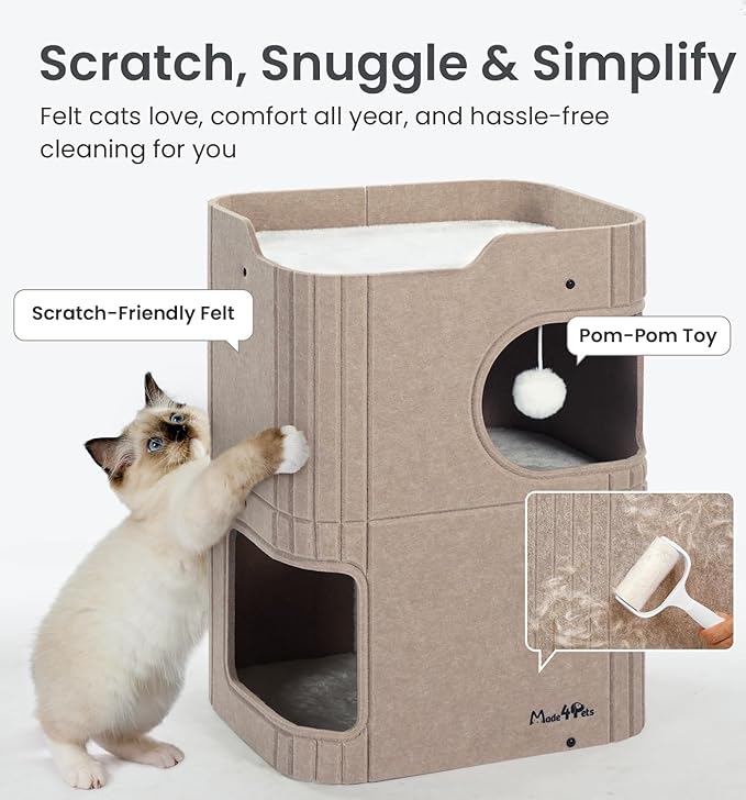 Made4Pets Cat House for Indoor Use, 2-Storey Cube Bed Cave, Covered Hideaway Condo with Scratch-Resistant Felt, Foldable Easy-to-Clean Design for Multi-Cat Homes, Beige