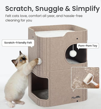 Made4Pets Cat House for Indoor Use, 2-Storey Cube Bed Cave, Covered Hideaway Condo with Scratch-Resistant Felt, Foldable Easy-to-Clean Design for Multi-Cat Homes, Beige