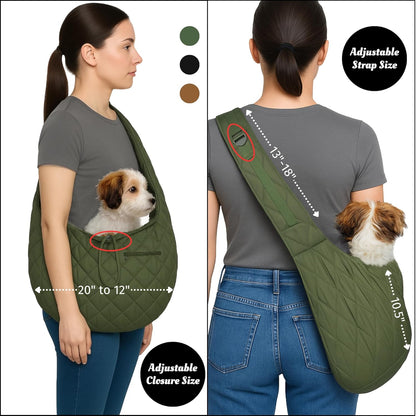 Small Dog Carrier Sling – Olive Green Hands‑Free 2‑in‑1 Sling & Handheld Carrier for Toy Dogs 3-8 lb, Parachute‑Grade Rip‑Stop Nylon, 4″ Padded Strap, Safety Tether & Two Pockets
