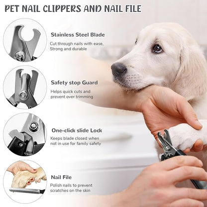 Dog Brush & Grooming Kit – 9-Piece Pet Brush & Deshedding Set for Shedding, Bathing, Trimming & Nail Care | Grooming Tools for Dogs & Cats, Includes Comb, Nail Clipper, Scissors, Slicker Brush (Gray)