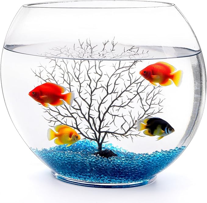 Okllen Mini Glass Fish Bowl, Oblate Small Fish Tank with Blue Aquarium Decor Sands and Plastic Coral Branch Tree Ornament for Betta Fish Aquarium, 1Gallon