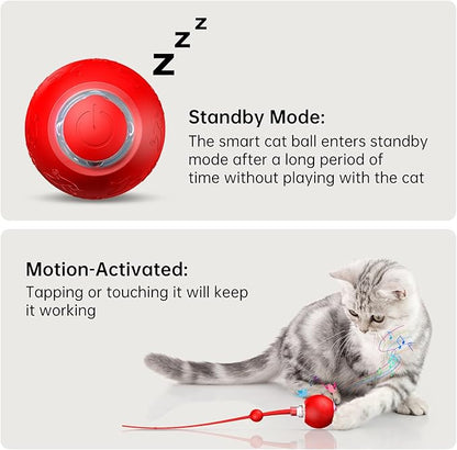 Interactive Cat Toy for Indoor Cats,Automatic Electric Self Rotating Ball with Chirping, Led Light and Long Tail for Motion Activated, Smart Spinning Ball for Fun Exercise, Red