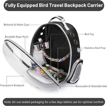 Bird Backpack Carrier, Travel Bird Cage for Small Medium Size Parrot Parakeet Budgies Cockatiel, Portable Clear Bubble Window Bag with Stainless Steel Tray Food Bolw Standing Perch (Black)