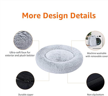 Amazon Basics Donut Pet Bolster Faux Fur Bed for Dog, Grey, 36" x 36"