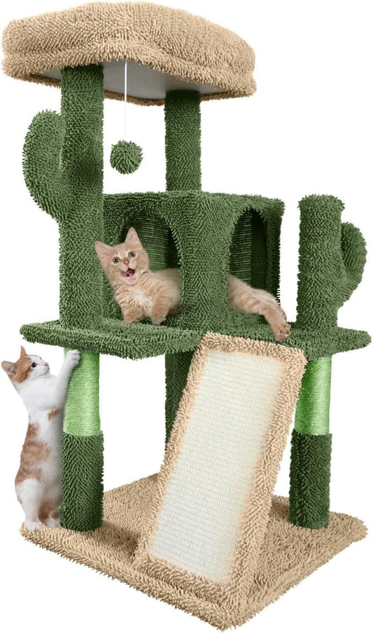CAPHAUS Cactus Cat Tower for Indoor Cats, Cute 37-Inch Small Cactus Cat Tree w/Widened Perch for Large Cats & Kittens, Multi-Level Cat Activity Tree w/Scratching Posts & Ramp, 2-Door Cat Cave Condo