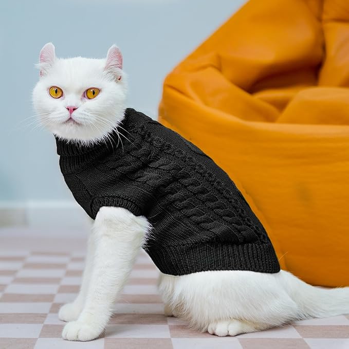 PUPTECK Winter Cat Sweater Coat - Soft Warm Cold Weather Clothes Knitwear for Kittens & Small Dogs Indoor Outdoor Wearing, Knitted Classic for Doggies Kitties Girls Boys, Black, M
