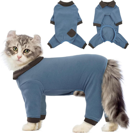 QBLEEV Cat Pajamas for Cats Only, Sticky Hair Cat Clothes, Cat Onesie for Cats After Surgery Female Male, Surgical Cat Recovery Suit Full Bodysuit, Long Sleeve Cat Shirts Outfits to Prevent Licking