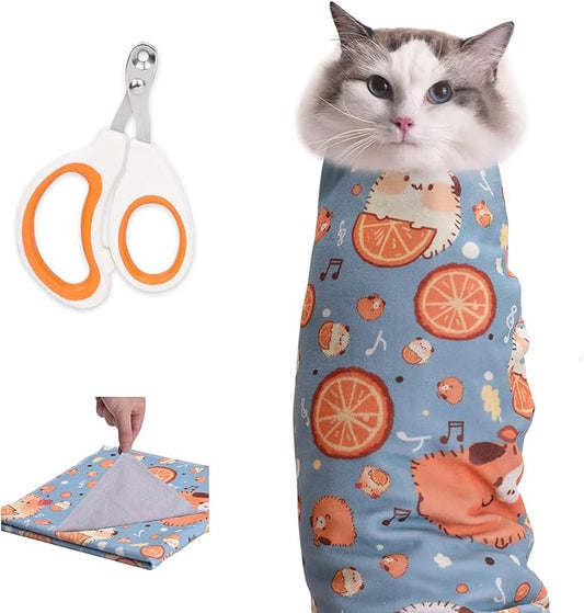 21.7" Cat Grooming Wrap, Cat Wrap for Cutting Nails, Medicine, Teeth Brushing & Ear Cleaning, Cat Nail Trimming Restraint, Self-Adhering Cat Swaddle Wrap, Anti-Scratch Anti-Escape M(Within 6lbs)