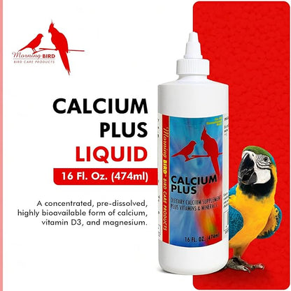 Morning Bird Calcium Plus Liquid for Birds – Bird Vitamins for Strong Eggshells, Healthy Bones, and Baby Bird to Support Growth, Breeding, and Wellness for All Birds 16 Fl Oz