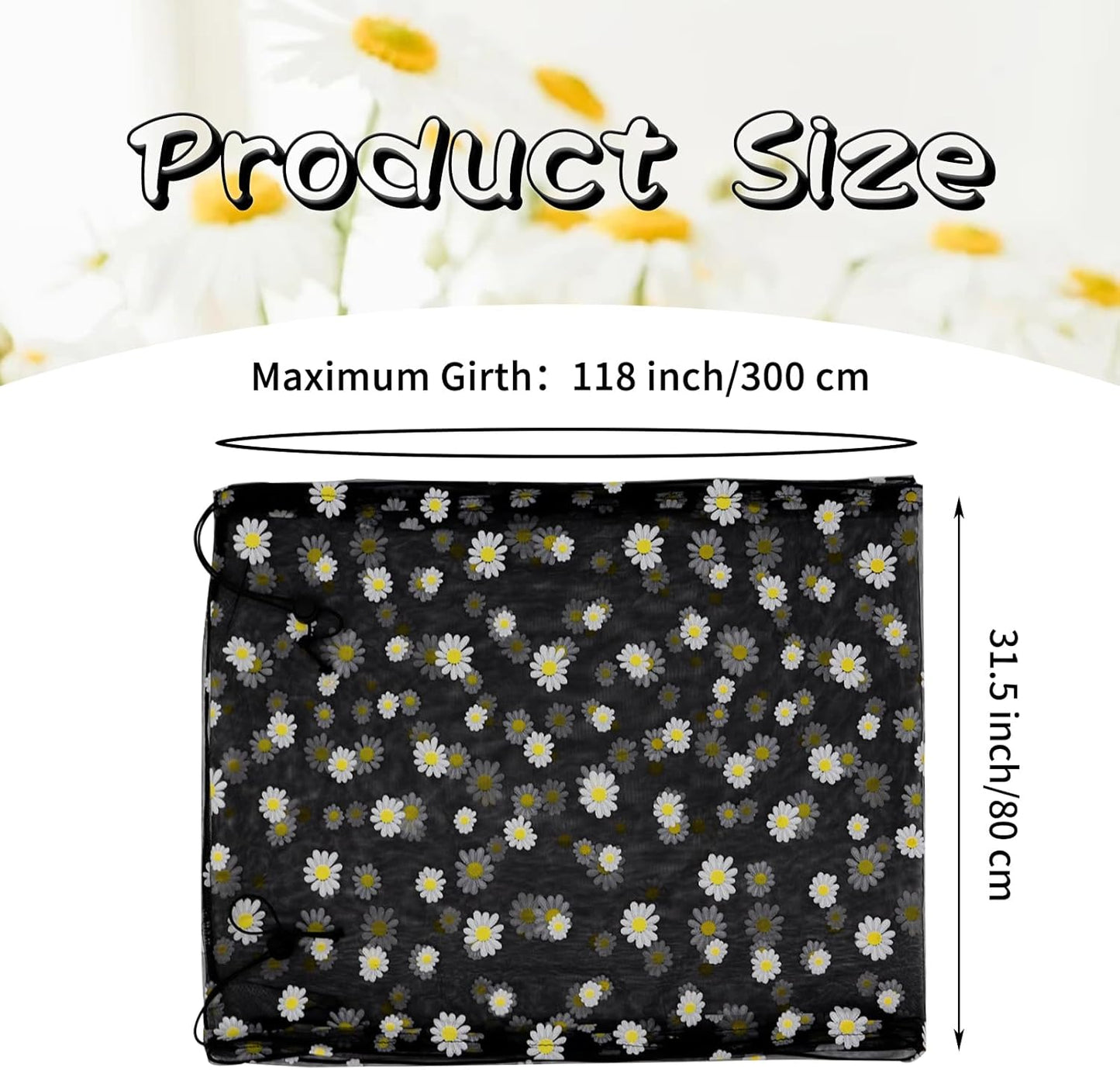 Daoeny Bird Cage Seed Catcher, Large Bird Cage Cover, Adjustable Soft Airy Nylon Mesh Net, Birdcage Cover Skirt Seed Guard for Parrot Parakeet Macaw African Round Square Cages (Black, Daisy Design)