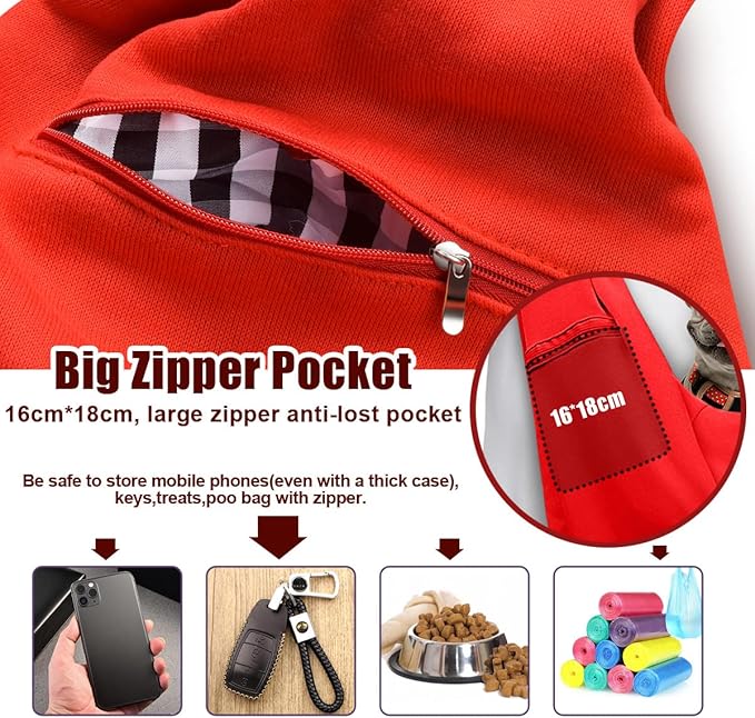 Tomkas Small Dog Sling Carrier - Zipper Pocket & Adjustable Strap - for 3-10 lbs Pets(Red)