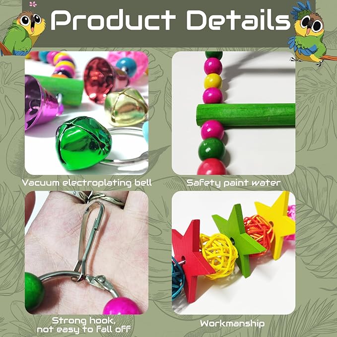 Parakeet Toys,7 Pcs Colorful Bird Toys for Parakeets,Pet Bird Cage Hammock Swing Climbing Ladders Chewing Toy Mirror Hanging Bell Wooden Perch for Budgerigar,Conures, Love Birds,etc