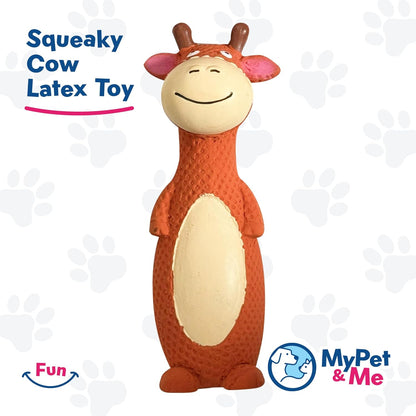 My Pet & Me - Squeaky Dog Toys for Light to Moderate Chewers - Fun Latex Toys for Puppies, Teething, and Gentle Play - Interactive Fetch and Chew Toy with Squeaker (Orange Cow, 6 Inch)