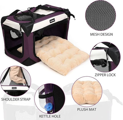Large Cat Carrier, Collapsible Dog Travel Crate Portable Soft-Sided Pet Carrier with Super Soft Warm Plush Mat for Indoor and Outdoor 24x16x16in,Purple
