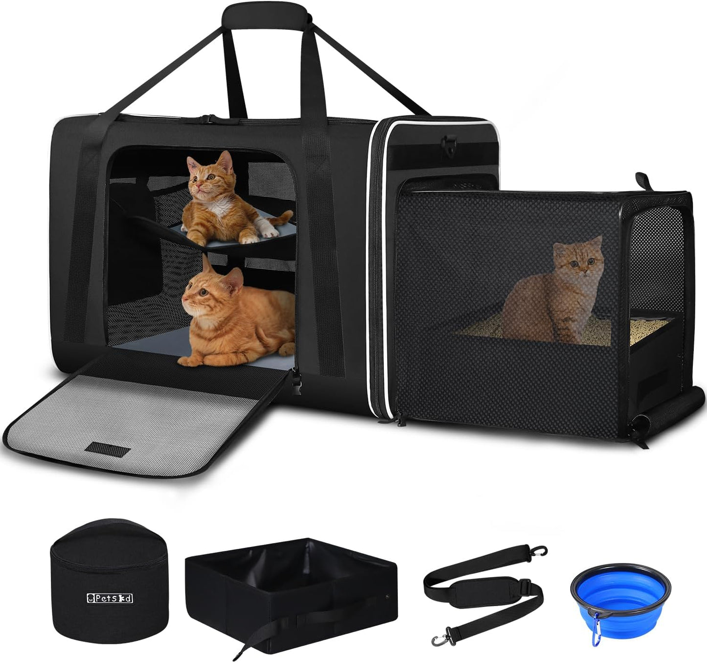 Petskd Side Expandable Extra Large Cat Carrier with Litter Box Area, 24"x17"x17" Soft-Sided Pet Carrier for 2 Cats Under 55 lbs with Zipper Locks for Car Travel(Black)