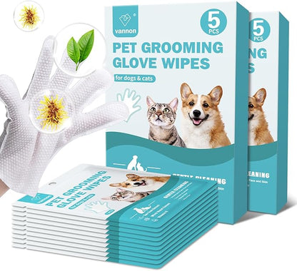 Vannon Portable Pet Bathing Wipes for Dogs & Cats, Cleaning & Odor-Controlling Extra Thick Grooming Glove Wipes for Daily Care and Traveling, Rinse Free, Nourish Fur, Individually Packaged, 10 PCS