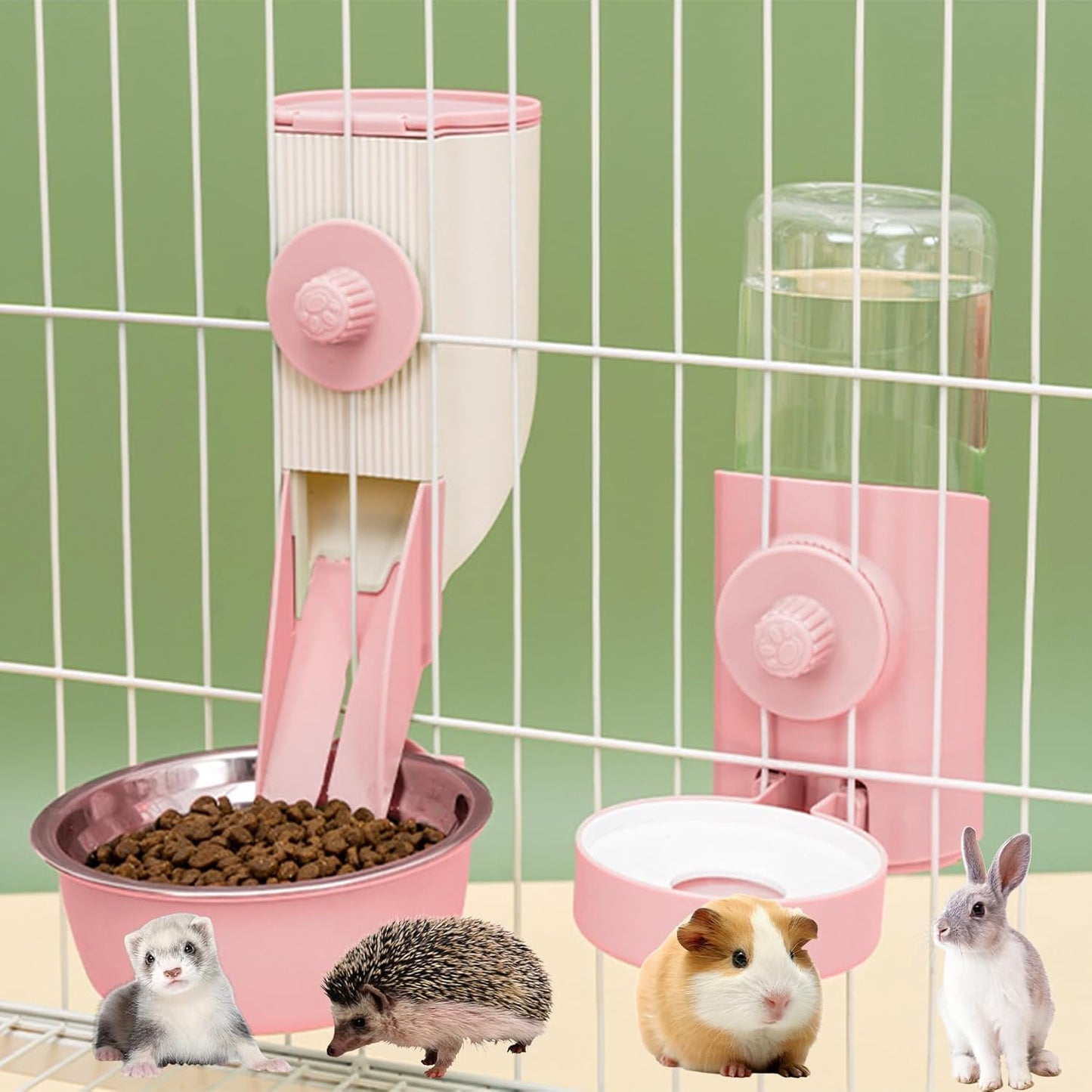 Hanging Automatic Food Feeder and Water Dispenser Bunny Gravity Feeding Station Waterer Set Self-Dispensing Feeder for Rabbit,Ferret,Guinea Pigs Chinchillas Hedgehog