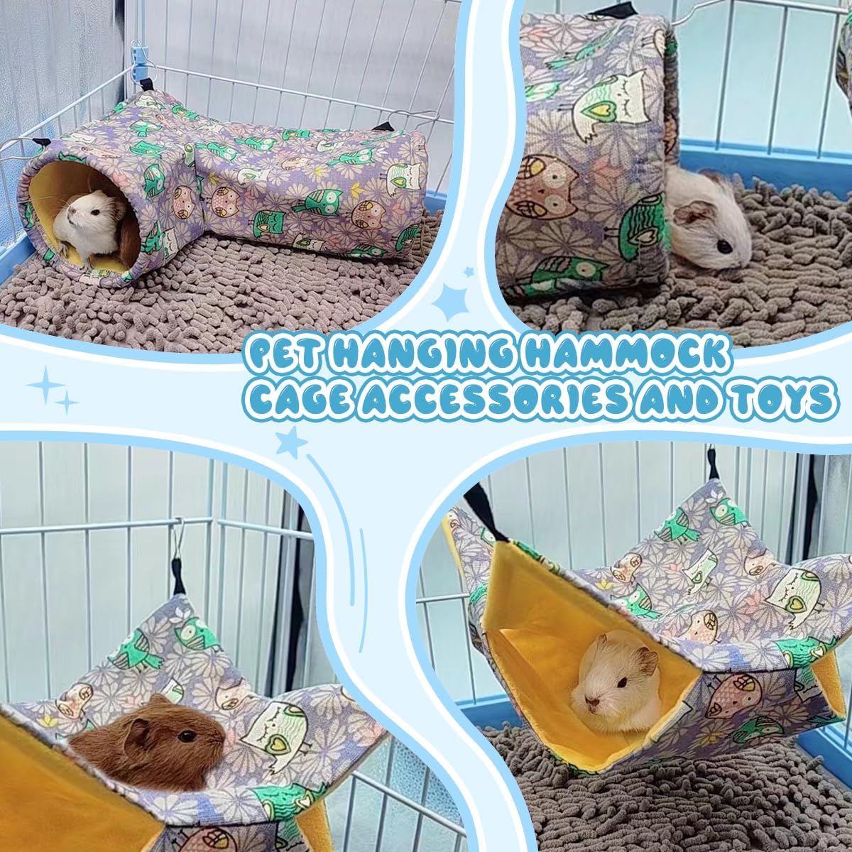 Guinea Pig Rat Tunnel Ferret Hammock, Small Animal Corner Tunnel & Tubes & Bed for Hedgehog Piggy Chinchilla Hideout Toys and Cage Accessories (3.Hammock&Tunnel, Owl)