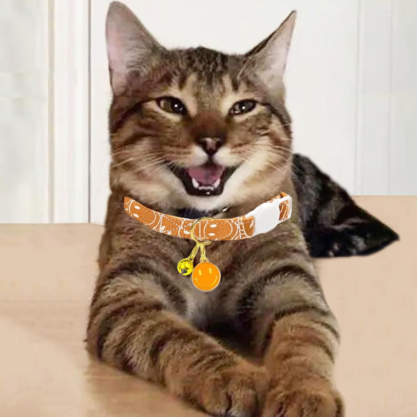 2 Pack Cotton Breakaway Cat Collars Set with Bell and Flower Pendant, Cute Floral Fruit Patterned, Adjustable 7.5-11Inch, Include A Mouse Toy Gift (Smile face)