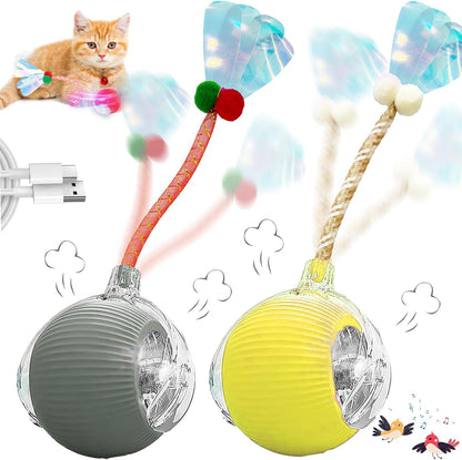 2 Packs Interactive Cat Toys for Indoor Cats, Automatic Cat Toy with Elastic Mesh Tail, Electric Rolling Ball on Carpet, Chirping and Motion Activate Cat