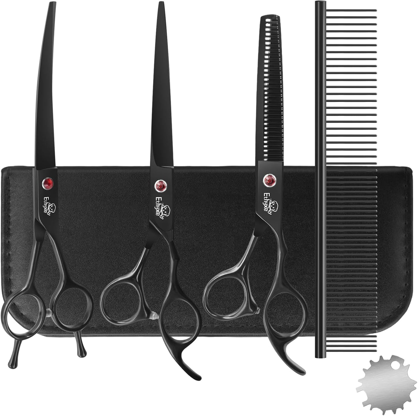7.0" Professional Dog Grooming Scissors Kit – 3-Piece Set with Straight, Curved & Thinning Shears, Black Japanese Stainless Steel, Includes Grooming Comb for Dogs & Cats
