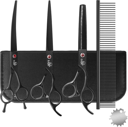 7.0" Professional Dog Grooming Scissors Kit – 3-Piece Set with Straight, Curved & Thinning Shears, Black Japanese Stainless Steel, Includes Grooming Comb for Dogs & Cats