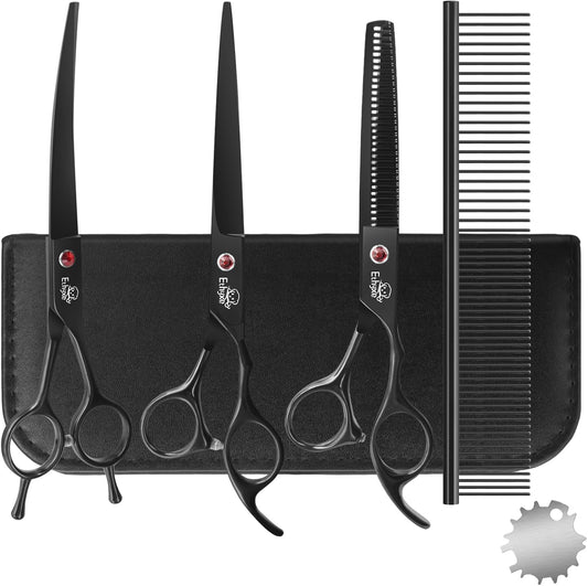 7.0" Professional Dog Grooming Scissors Kit – 3-Piece Set with Straight, Curved & Thinning Shears, Black Japanese Stainless Steel, Includes Grooming Comb for Dogs & Cats