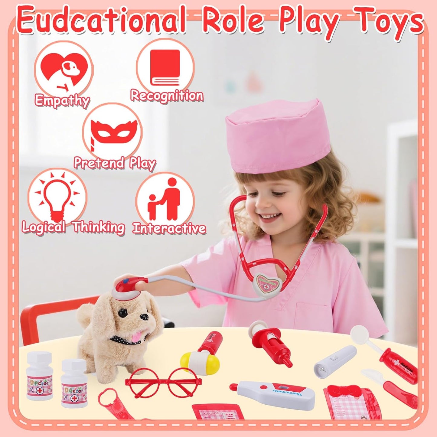 TEUVO Toy Doctor Kit for Girls - Pretend Play Doctor Sets with Dog Toy, Carrying Bag, Stethoscope Toy & Dress Up Costume - Doctor Play Gifts for Kids Toddlers Ages 1 2 3 4 5 6 7 Year Old for Role Play