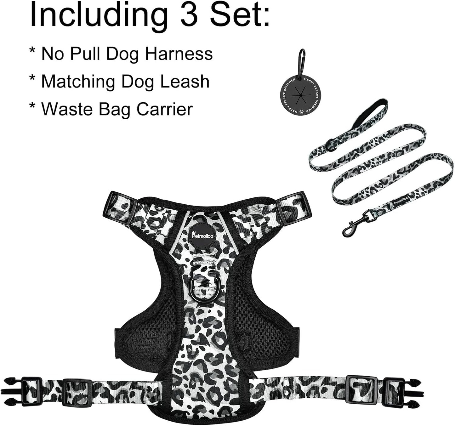 Petmolico Dog Harness for Small Dogs, Cute Harness Vest with Two Leash Clips and Soft Handle, Reflective Easy Walk Puppy Vest - Grey Leopard, Medium