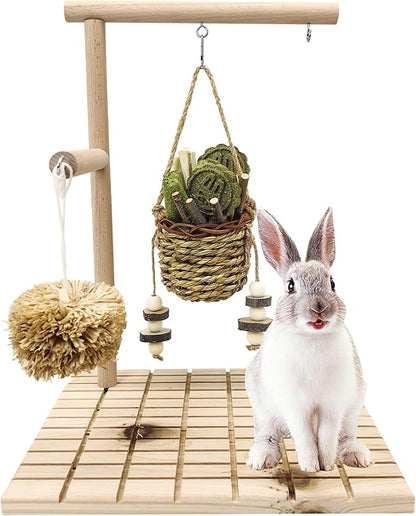 kathson Bunny Chew Toys for Teeth Grinding, Rabbit Wooden Scratch Board Feet Pad Platform Natural Seagrass Hanging Basket Small Animals Play Toy for Guinea Pigs Chinchilla Hamsters(C)