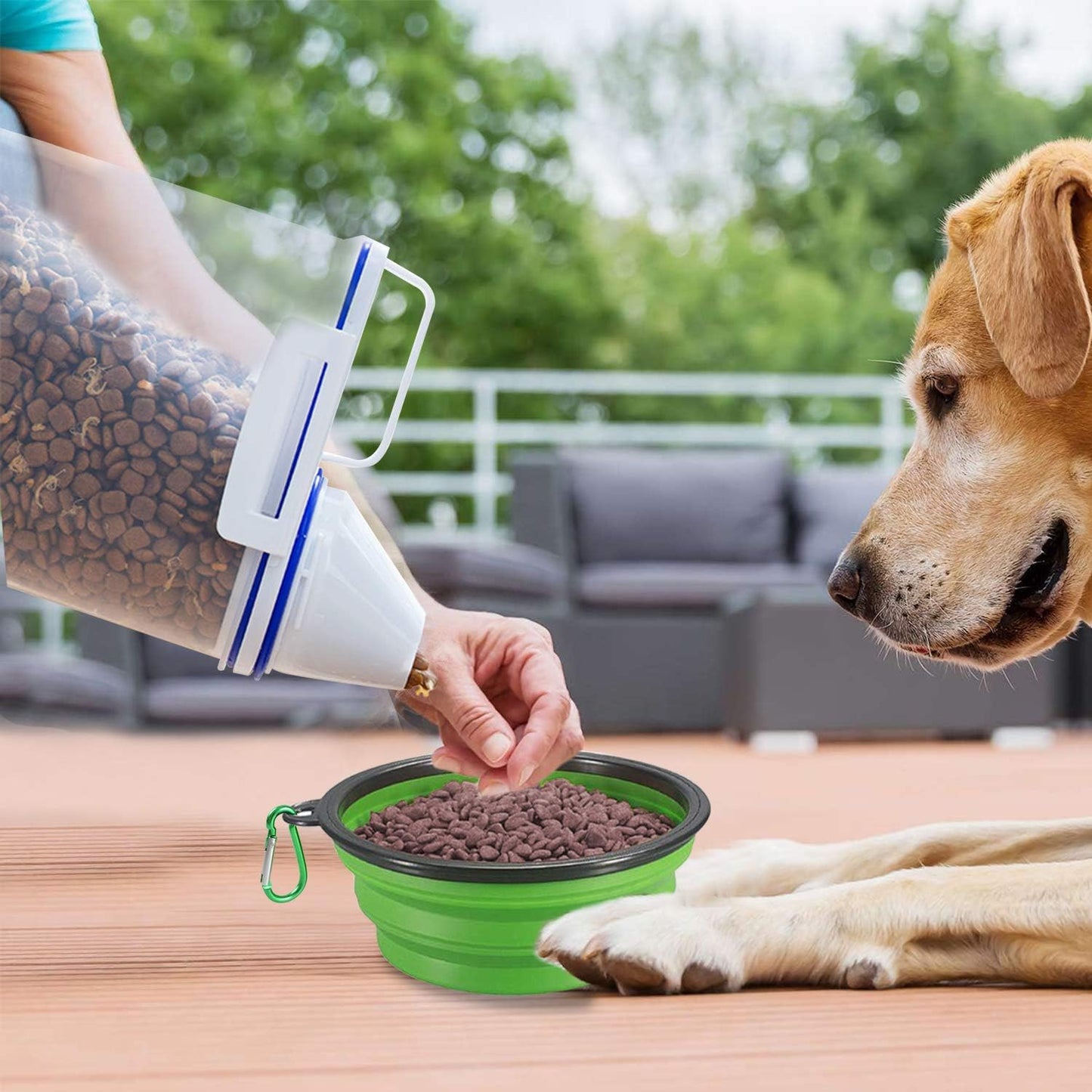 Rocutus Pet Food Storage Container,Portable Cat Dog Food Container With Measuring Cup,4 Seal Buckles Food Dispenser for Regular Food,Dogs, Cats, Birds (White Blue)