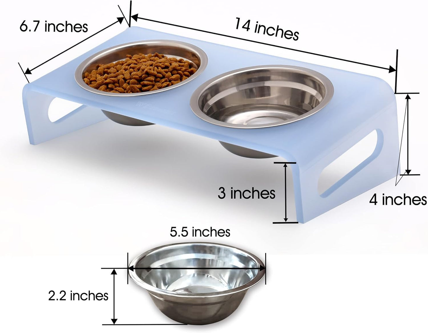 Tilted Raised Elevated Food and Water Bowls Stand for Cat or Small Dogs - Puppy's Clear Acrylic Stainless Steel Dishes Holder for Boy or Girl Pet,Modern,Durable and Easy to Clean by WBhonghui (Blue)