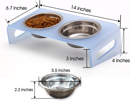 Tilted Raised Elevated Food and Water Bowls Stand for Cat or Small Dogs - Puppy's Clear Acrylic Stainless Steel Dishes Holder for Boy or Girl Pet,Modern,Durable and Easy to Clean by WBhonghui (Blue)