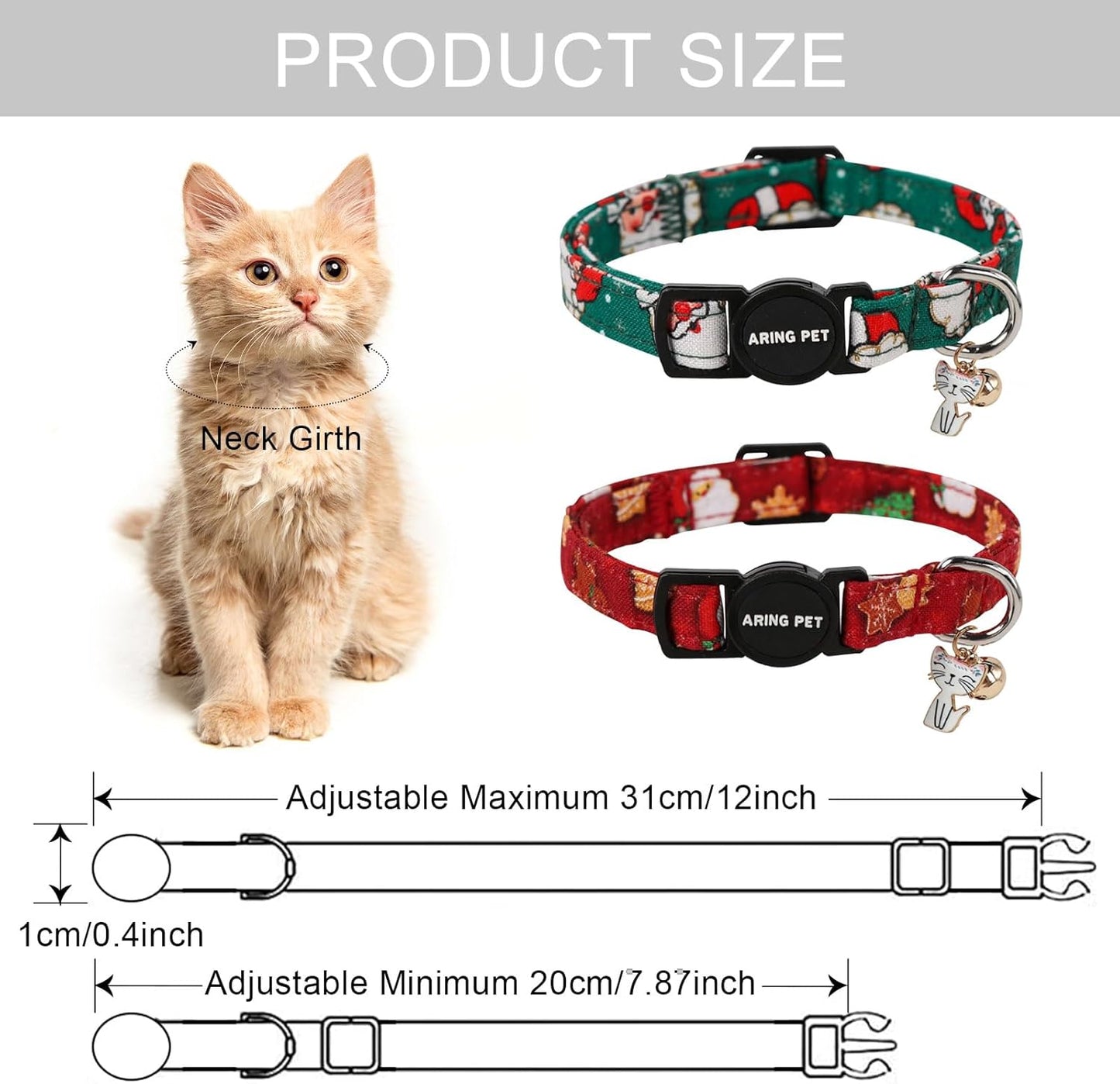 ARING PET 2 Pack Christmas Cat Collars-Cute Cat Collar Breakaway with Bell&Pendant, Adjustable Christmas Kitten Collars with Safety Buckle for Girl and Boy Cats