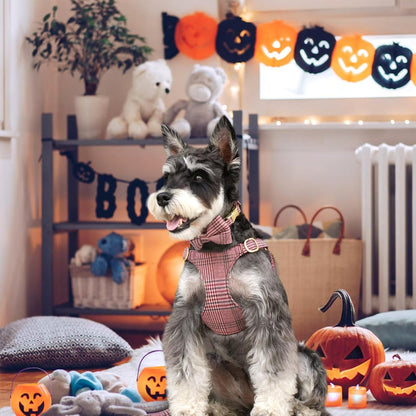 Beirui Cute Extra Small Dog Harness Collar and Leash Set with Bowtie, Soft Adjustable Plaid Puppy Harness for Small Sized Dogs Cats Walks Parties and Photoshoots(Maroon,XS:Chest 13-18")