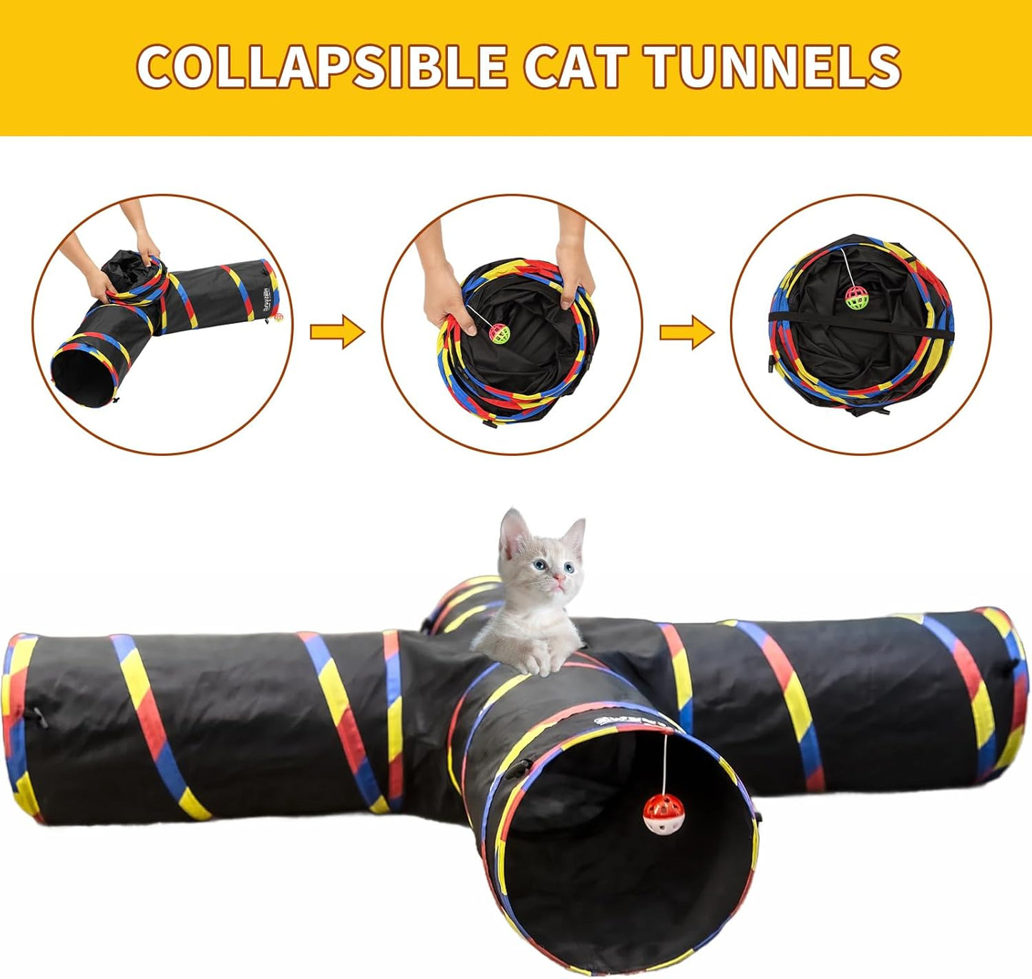 47" Long Cat Tunnels - 4 Way Cat Tunnel for Indoor Cats Play & Exploration - Collapsible Pop Up Tubes for Ferrets, Rabbits, and Small Dogs Fun, with Play Ball and Mouse Toy