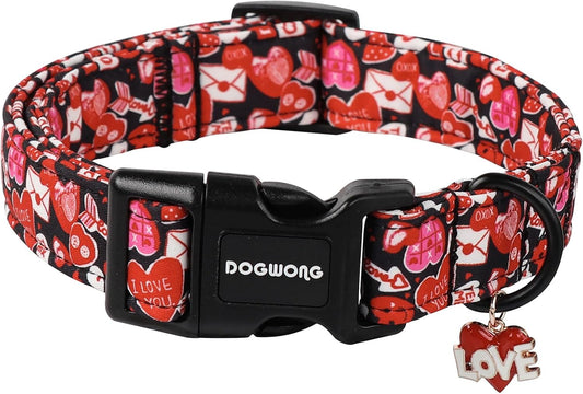 DOGWONG Valentine Dog Collar- Cute Red Heart Dog Collars Adjustable Durable Designer Valentine’s Day Dog Collar for Small Medium Large Dogs XL