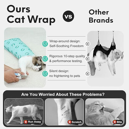 Cat Wrap for Cutting Nails, Self-Adhesive for Grooming, Anti-Scratch Cat Swaddle Wrap for Medicine, Nail Clipping, Teeth Brushing, Ear Cleaning