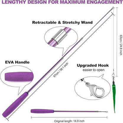 11PCS Cat Wand Toy, Cat Interactive Toys for Indoor Cats, 2 Retractable Cat Wand, 7 Worm Cat Teaser Toys and 1 Plush Fish Cat Toy, Cat Feather Toys for Play Chase Exercise with Kitten, Extra 1 Line