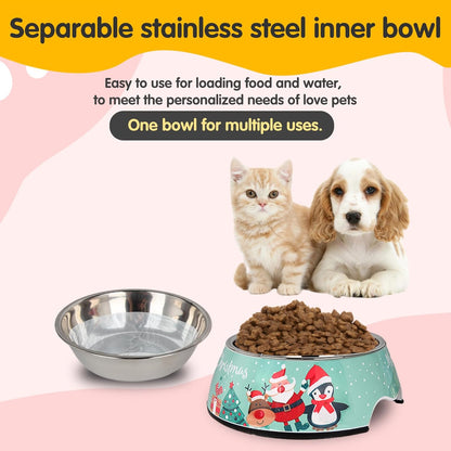 Christmas Xmas Pet Dog 2 in 1 Food Water Bowls - Non Slip Skid Proof Heavy Duty Pet Cats Dog Food Water Bowls for Feeding Medium Dogs -Green Christmas-M