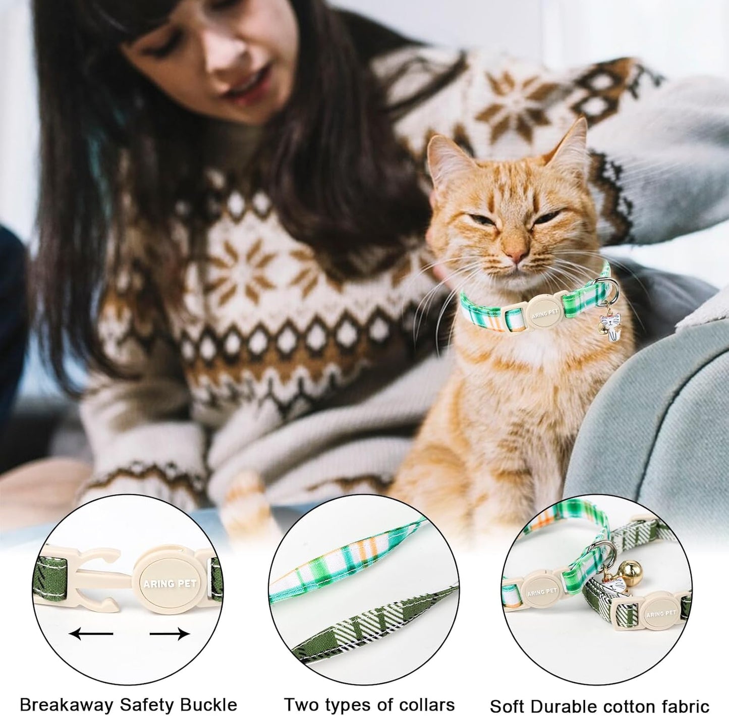 ARING PET 2 Pack Cat Collar-Cute Cotton Cat Collar with Bell & Pendant, Adjustable Spring Kitten Collars with Safety Buckle for Girl and Boy Pets