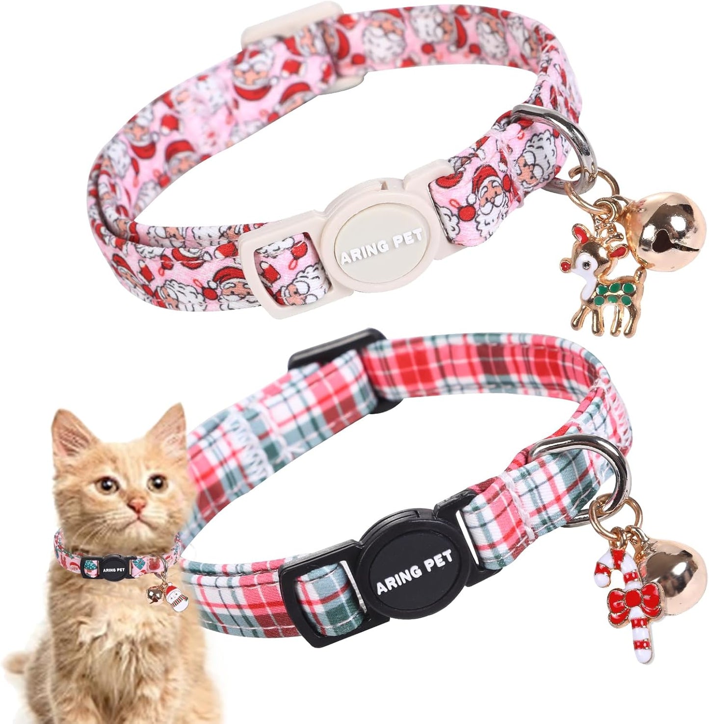 ARING PET 2 Pack Cat Collar, Christmas Breakaway Kitten Small Collars with Bells for Girl Boy Cats-Red Green Pink Plaid & Santa Claus