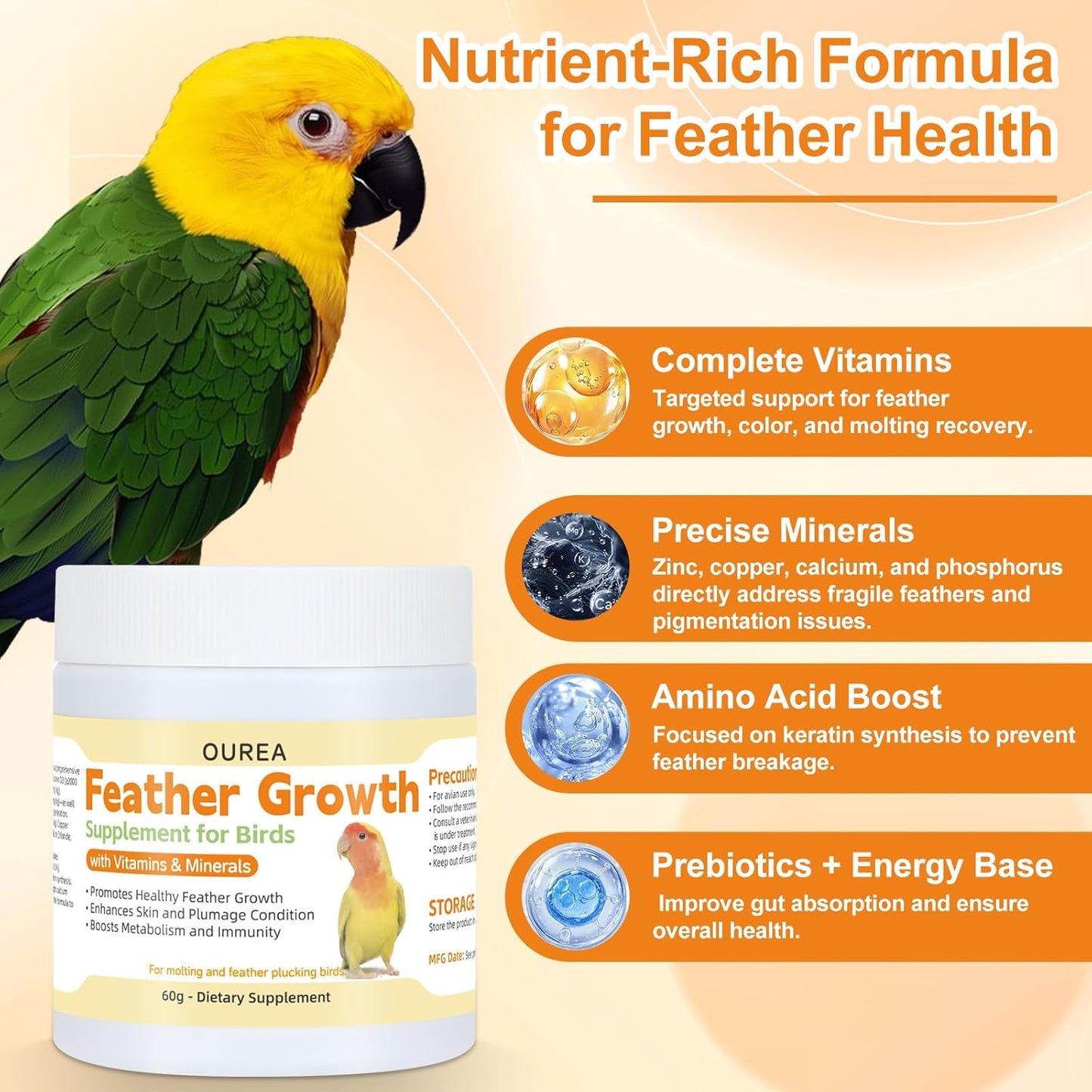 Feather Growth Supplement for Birds Parrots, Multi-Vitamins & Minerals Powder with Biotin Amino Acid for Molting Plucking, Support Healthy Feather Regrowth Plumage Shine Immunity for All-Natural Bird