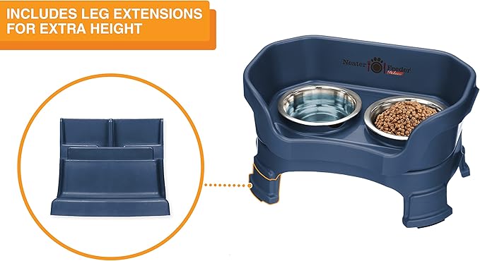 Neater Feeder Deluxe Mess Proof Cat Bowls Elevated for All Breeds – Made in USA – No Spill Raised Cat Bowls for Indoor Cats w/Leg Extensions – Stainless Steel Cat Food and Water Bowl Set - Dark Blue