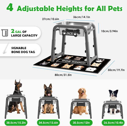 2 Gallon Elevated Dog Water Bowl, ADENGL Height Adjustable (10.4–15.2'') Raised Stainless Steel Bowl with Spill-Proof Mat & Sturdy Metal Stand, Tip-Proof, Easy to Clean, Indoor & Outdoor Use