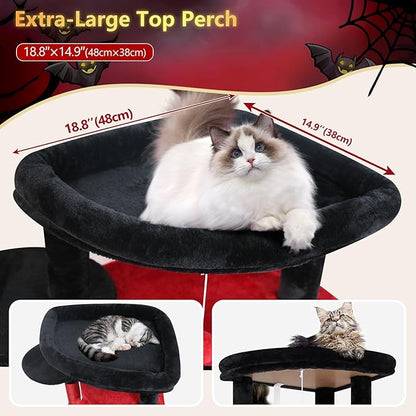 Globlazer Gothic Corner Cat Tree Tower for Large Cat, 66inch Tall Large Goth Cat Tree for Multiple Indoor Cats with 6 Scratching Posts, 2 Spacious Condos, Soft Hammock, Hanging Basket, C66, Red Black