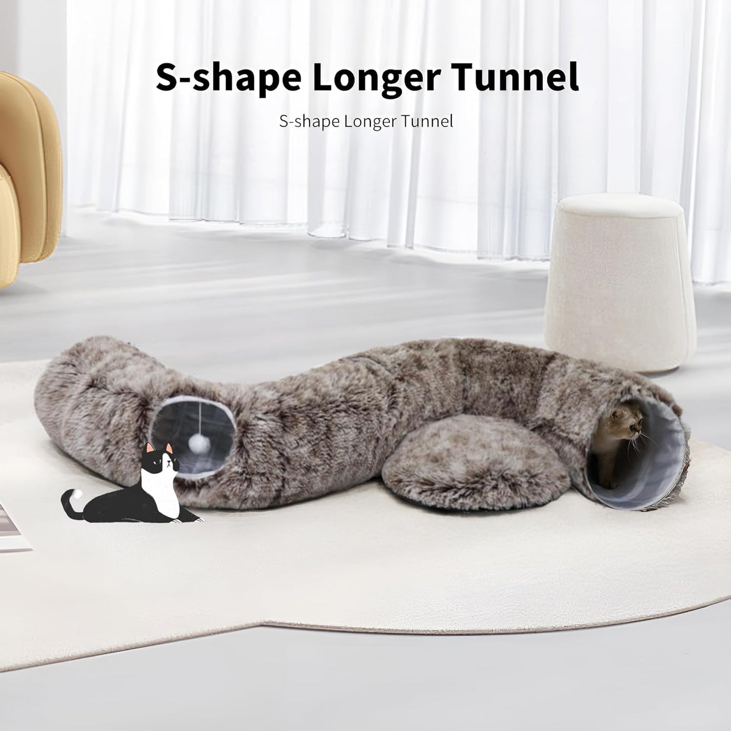 Cat Tunnel Bed for Indoor Cats with Washable Cushion Cat Cave Donut Tunnel with Fluffy Ball Big Round Tube Pet Playground Toys Soft Plush Peekaboo for Kitten, Cat, Puppy, Rabbit, Ferret（Brown）