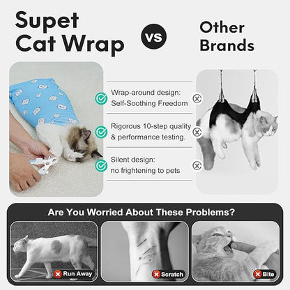 Cat Wrap for Cutting Nails, Self-Adhesive for Grooming, Anti-Scratch Cat Swaddle Wrap for Medicine, Nail Clipping, Teeth Brushing, Ear Cleaning